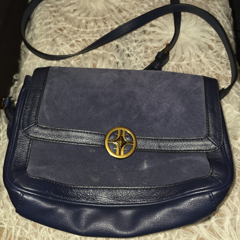 Navy Suede & Leather Crossbody Bag with Gold Medallion